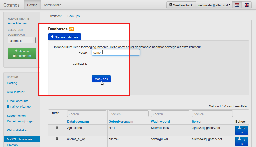 Zodra u op de blauwe knop '+ Nieuwe database' klikt kunt u een label toevoegen, of meteen klikken op 'Maak aan'.